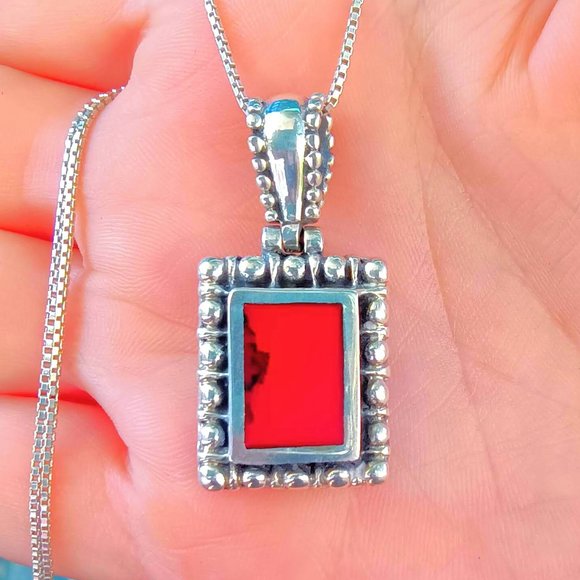 Vintage Sterling Silver Red Jasper Pebbled Pendant Necklace - Picture 2 of 13